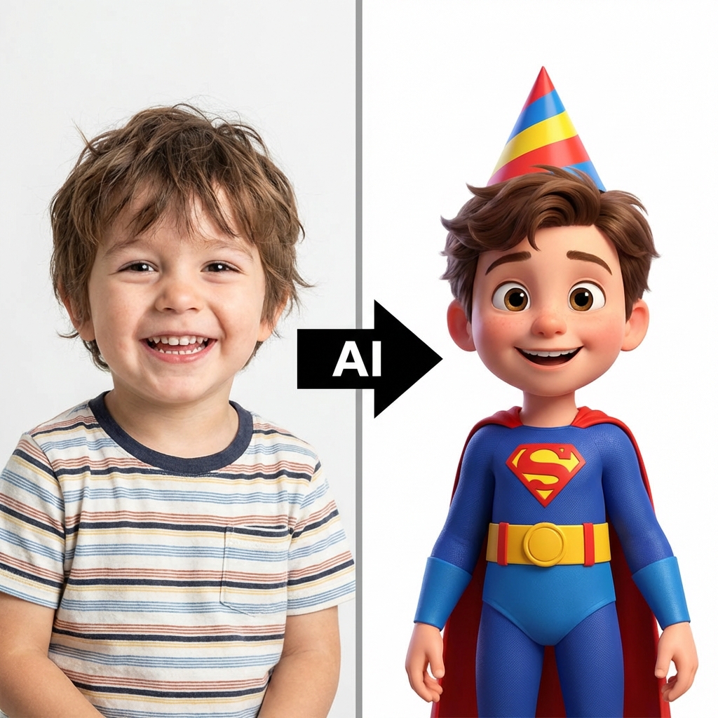 Resultado impressionante de antes e depois da transformação da criança para personagem 3D de festa